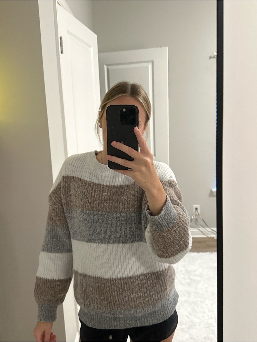 SHEIN Striped Crewneck Sweater in White, Gray & Brown